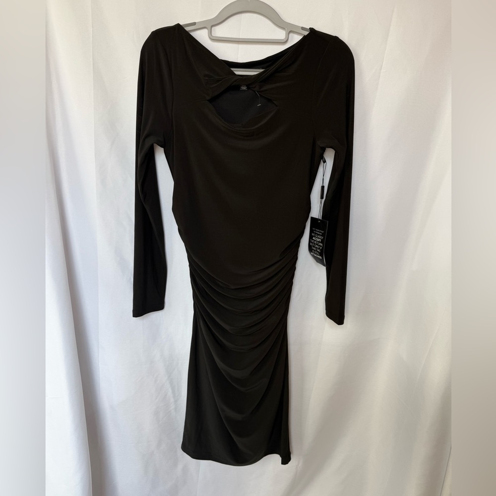 White House Black Market Bodycon Dress Slimming 3/4 Sleeve Ruched Keyhole Neck L